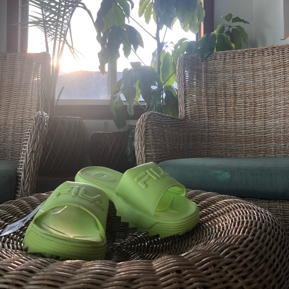 Limited edition green FILA disruptor slides!